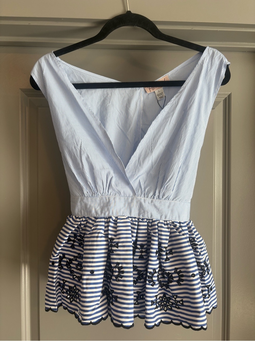 Women's Light Blue Striped Peplum Blouse - Embroidered Hem